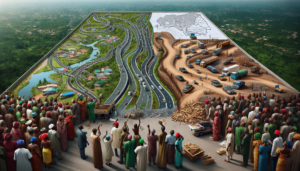 Alt text: Aerial view of a partially completed road project in Enugu State, Nigeria, showing construction equipment parked along the roadside. There are visible piles of gravel and concrete, with workers in safety gear discussing plans near a section of the road that is marked with construction signs. Surrounding greenery indicates the local environment, while a clear blue sky suggests favorable weather conditions for ongoing work. The image highlights the progress and challenges of road construction in the context of the 2024–2025 budget assessment.